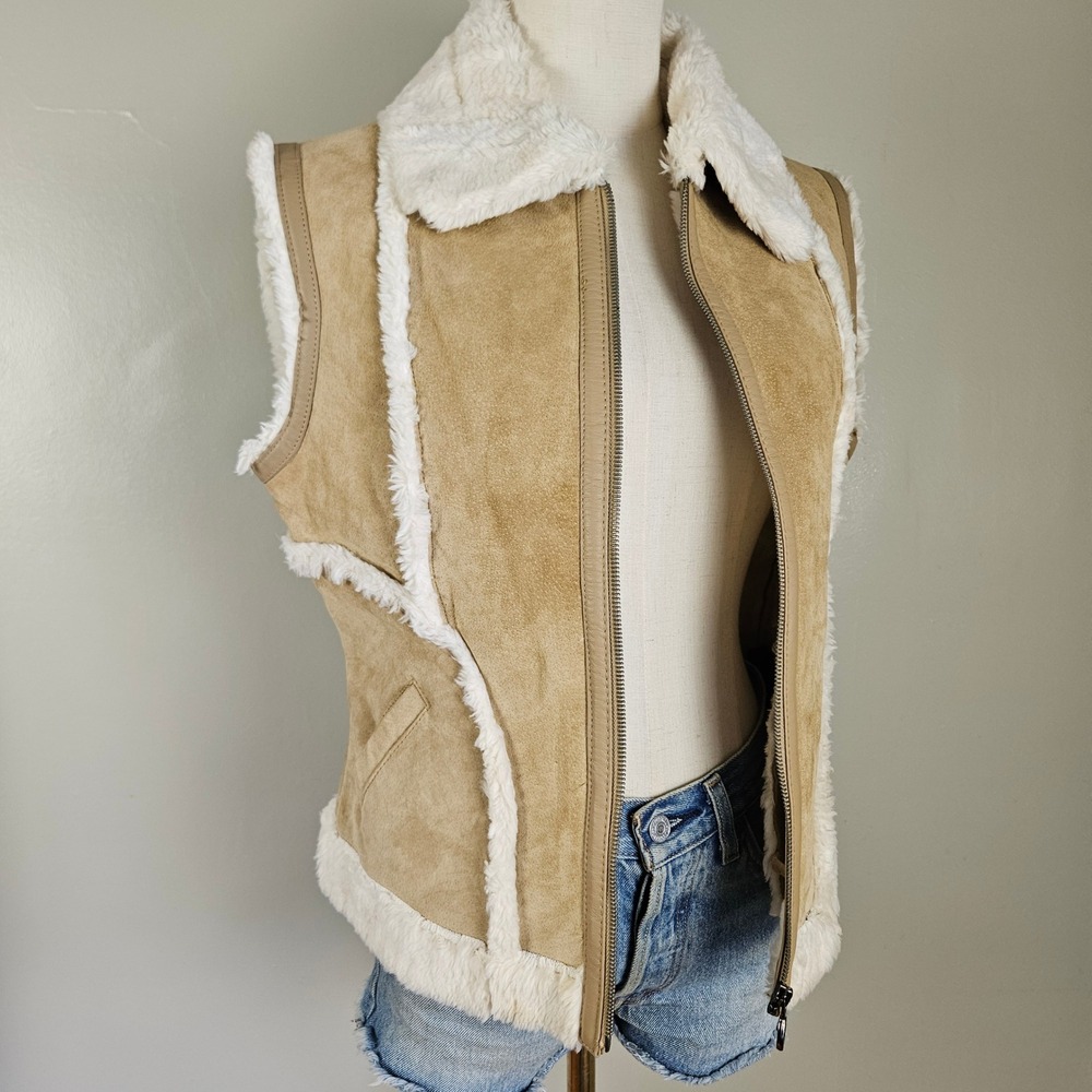 Steve Madden Suede Leather Faux Sherpa Lined Zipper Vest Jacket Sz M Natural Tan